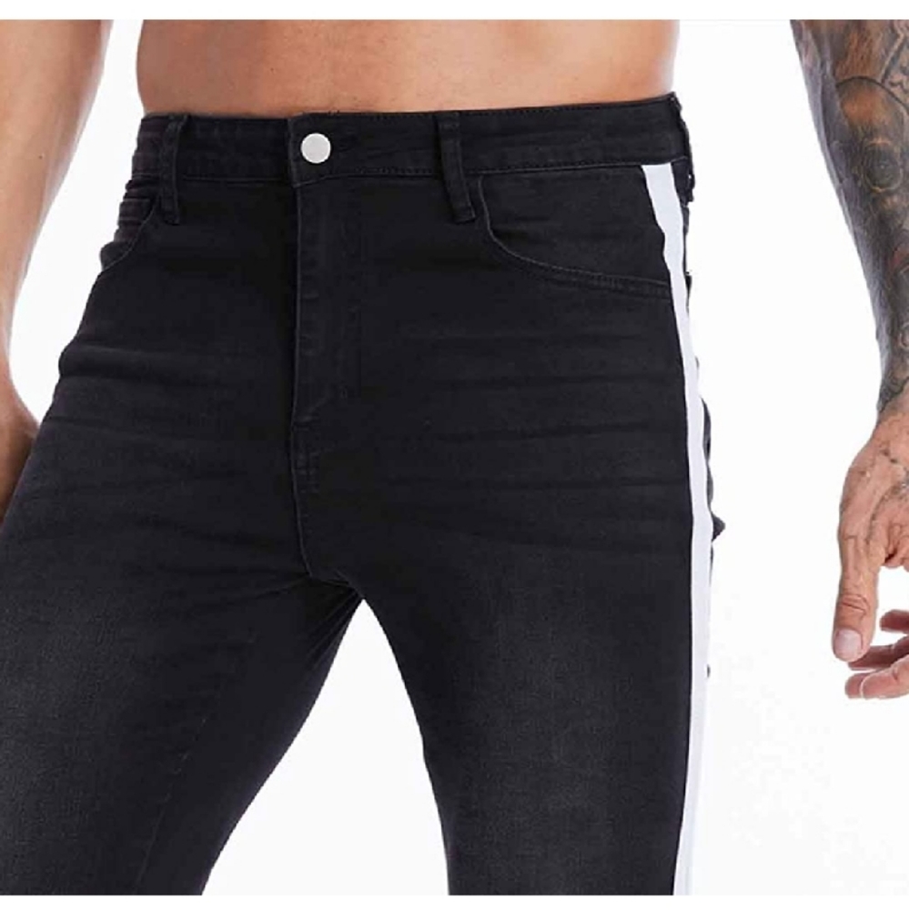 Mens Skinny Slim Black Jeans w White Stripe - Picture 4 of 9